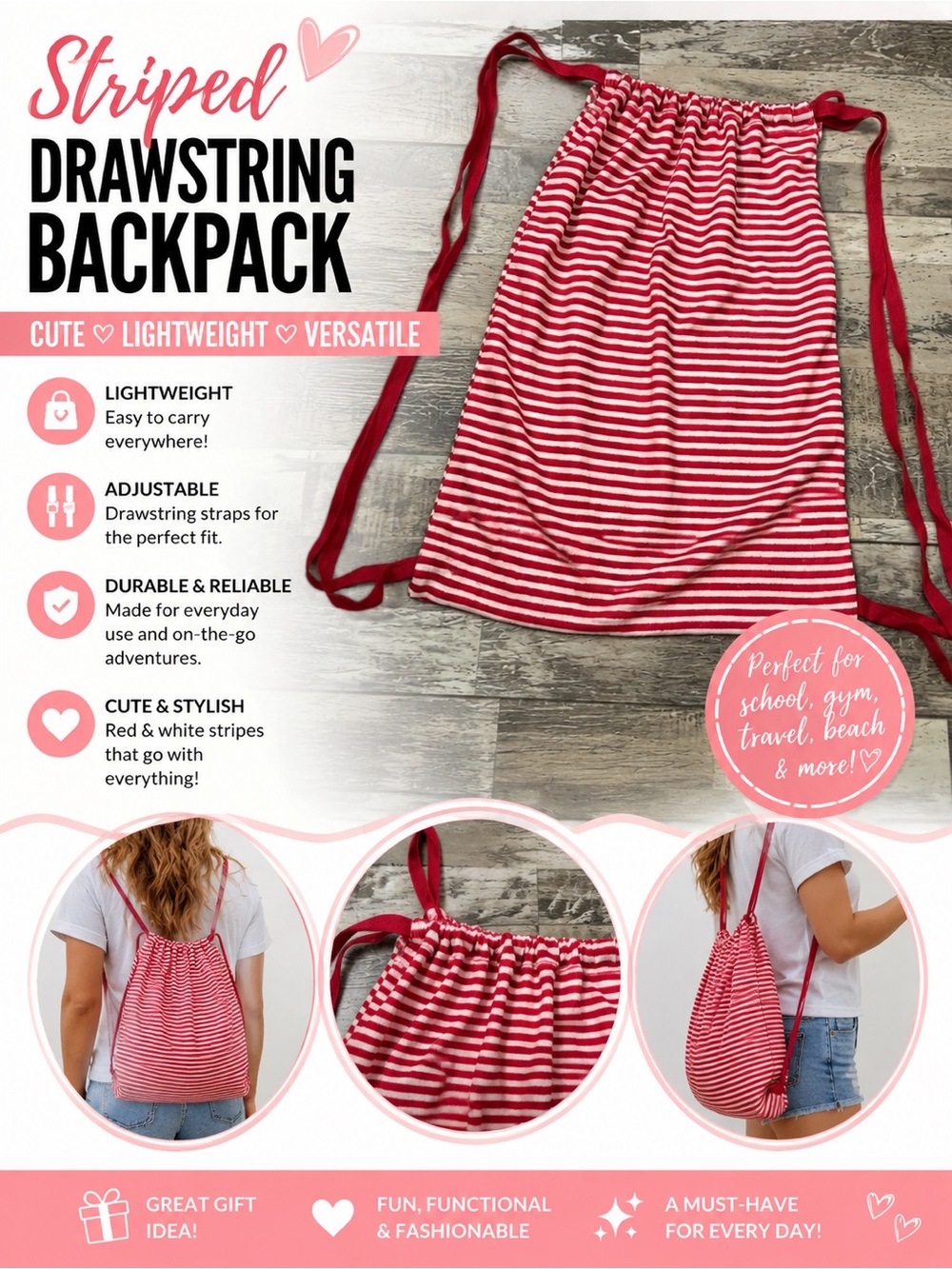 🩷. 7091. Striped Red & White Drawstring Backpack